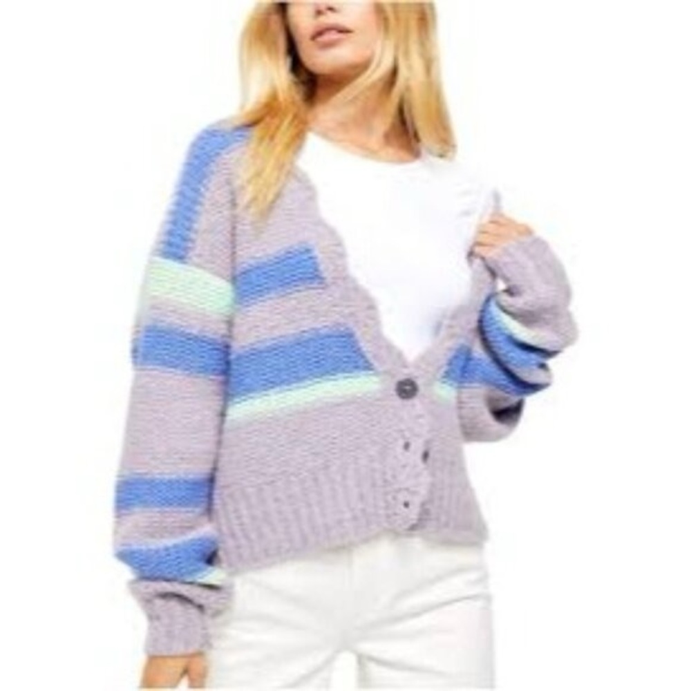 Free People Lavender Knit Cardigan with Blue & Mint Stripes